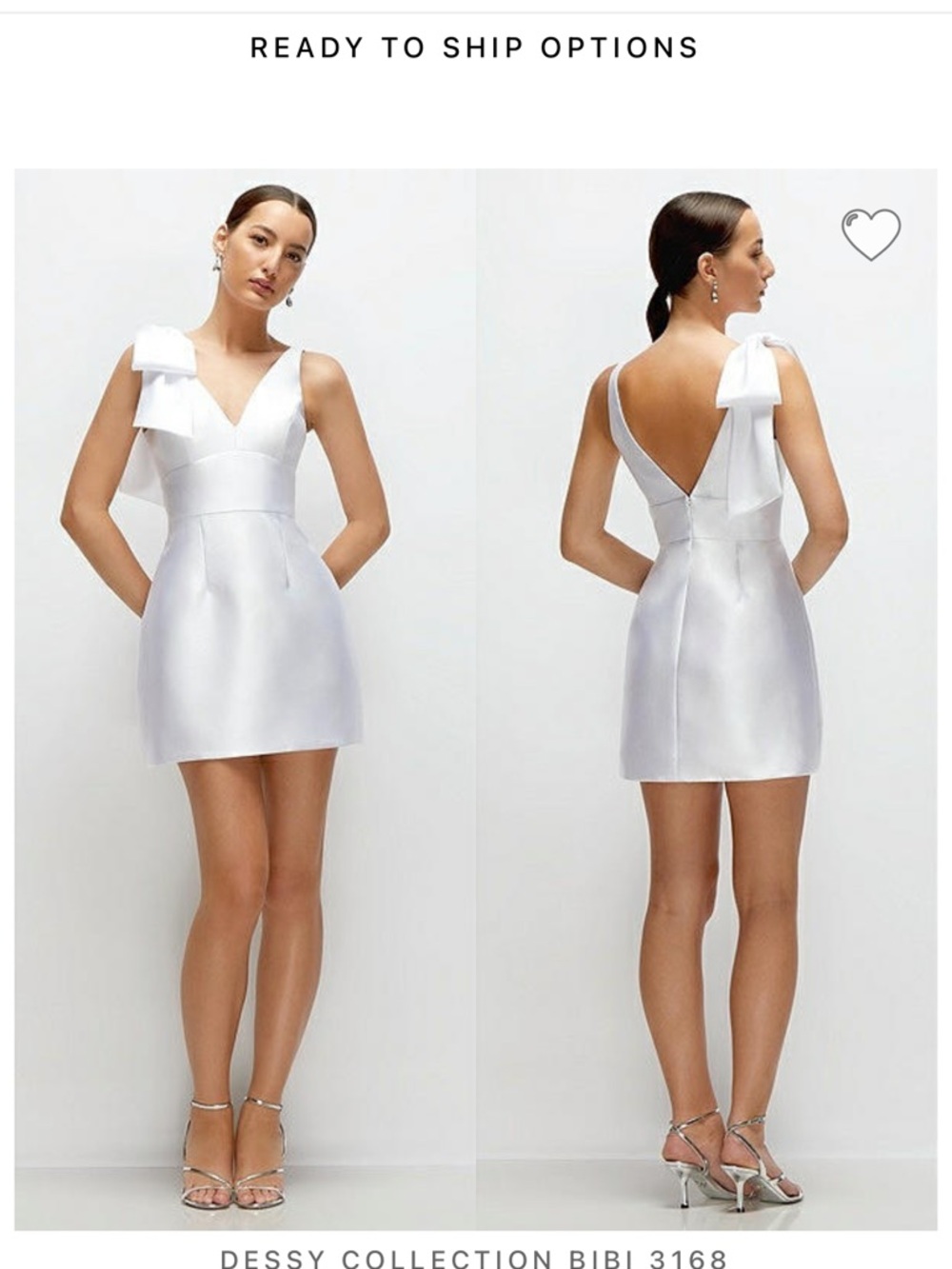 Dessy Collection White Satin V-Neck Mini Dress with Shoulder Bow Accent